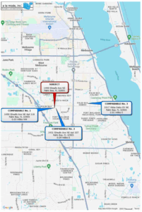 Location map showing the subject property and three comparable properties used in the appraisal.